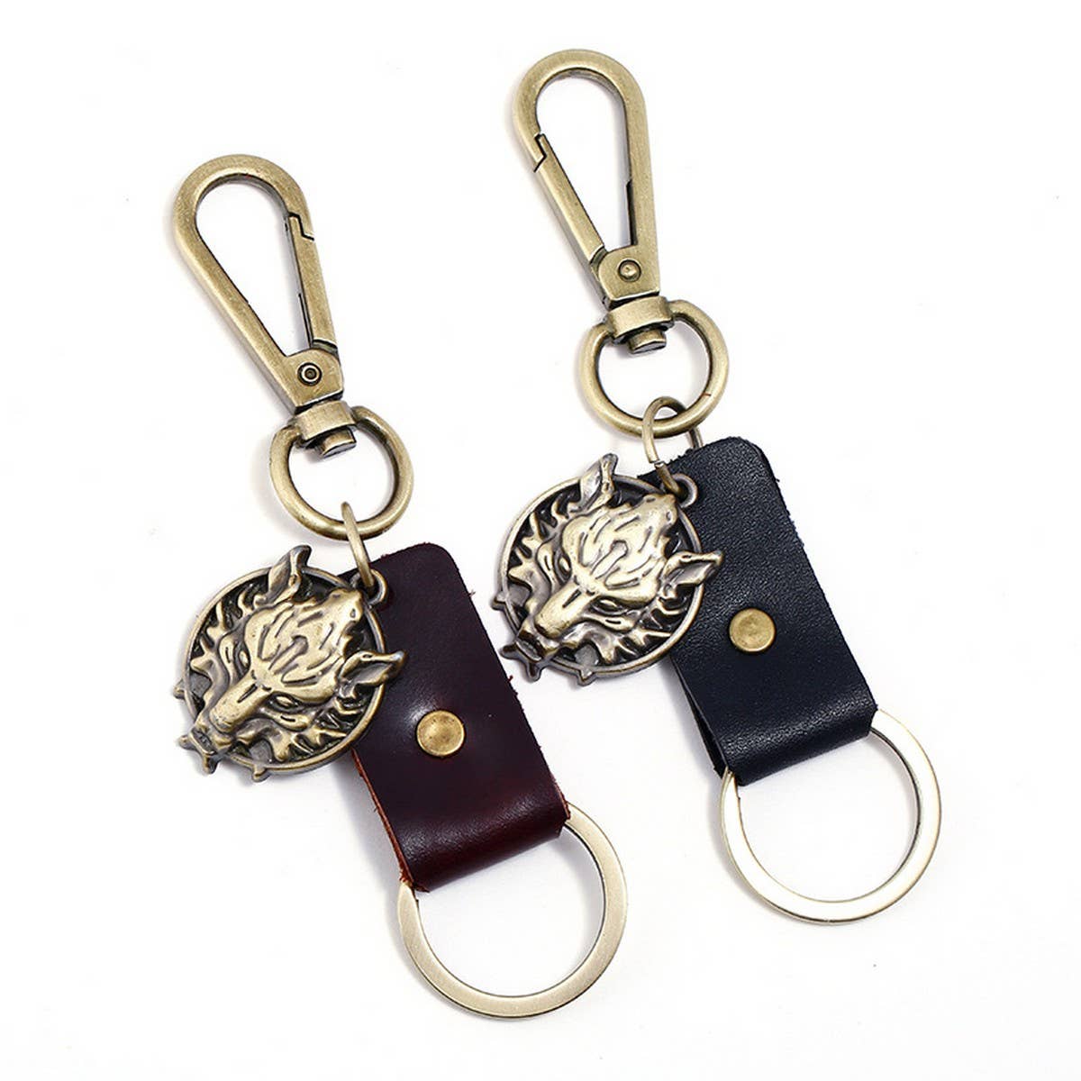 MEN'S ALLOY WOLF HEAD LEATHER KEYCHAIN