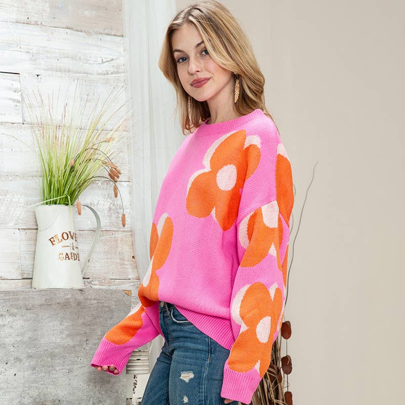 FLORAL PRINT PULLOVER CREW-NECK SWEATER