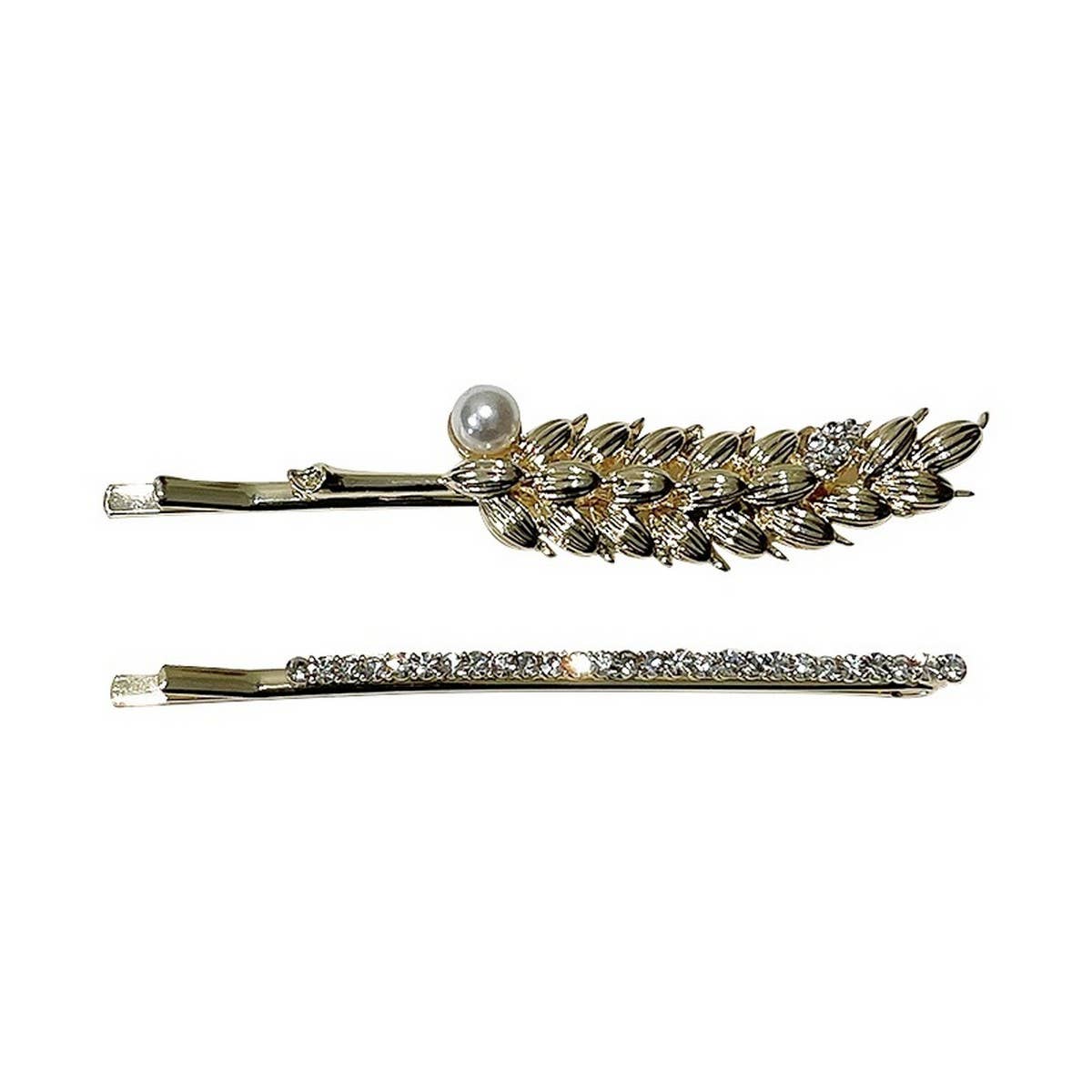 GILDED WHEAT EAR WITH RHINESTONE AND PEARL HAIRPIN