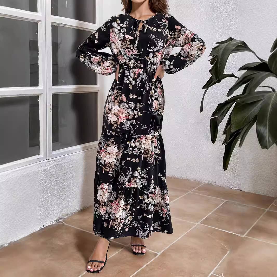 FLORAL PRINT BIG SWING FASHION SLIM LONG DRESS