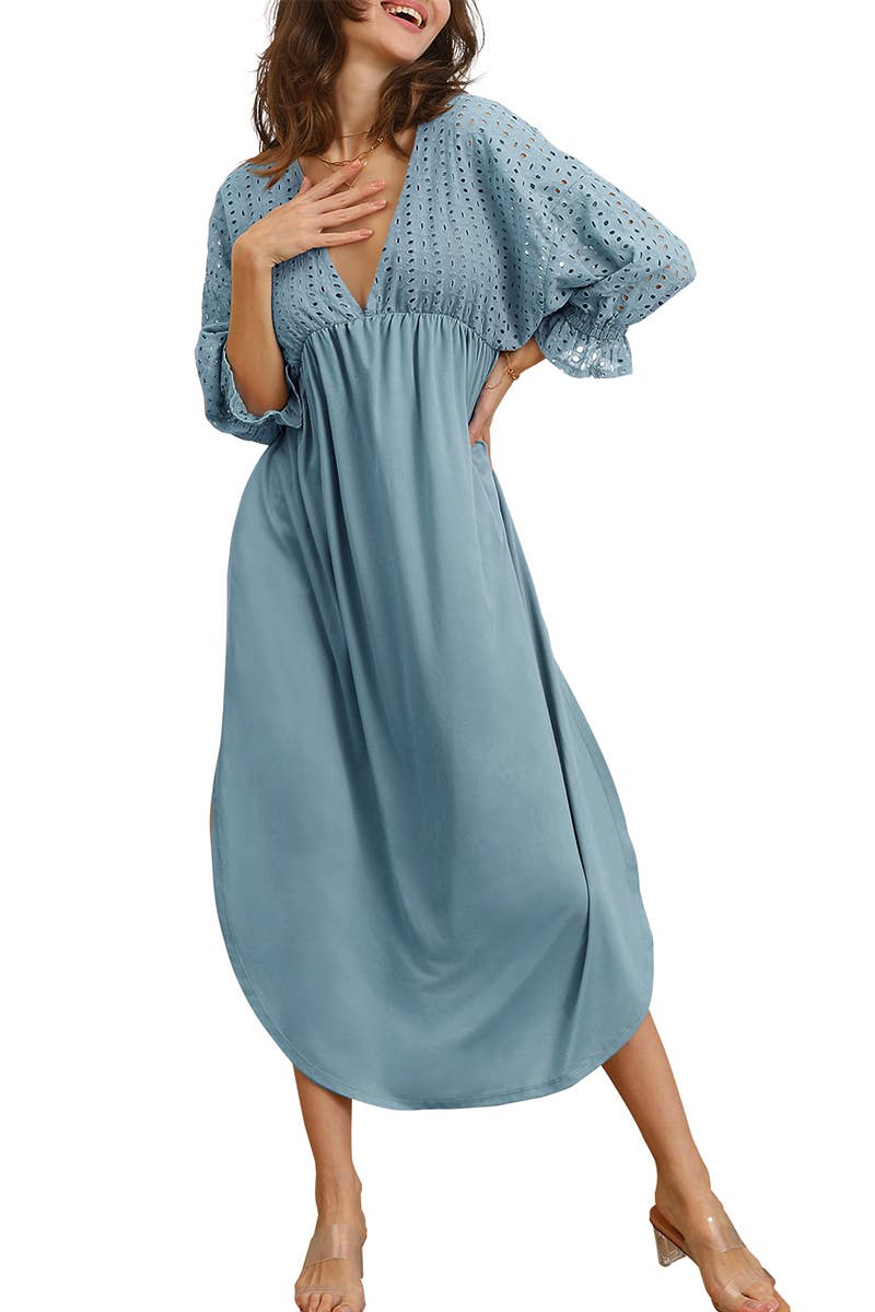 CWDMD795_3/4 SLEEVE V NECK LONG DRESS