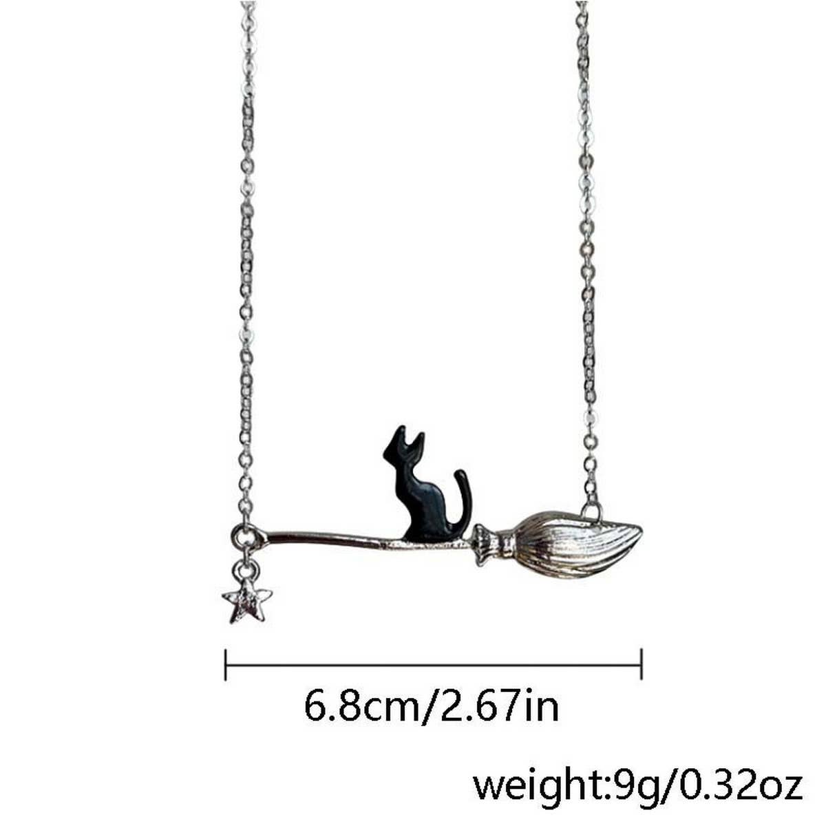 HALLOWEEN MAGIC BROOM BLACK CAT NECKLACE
