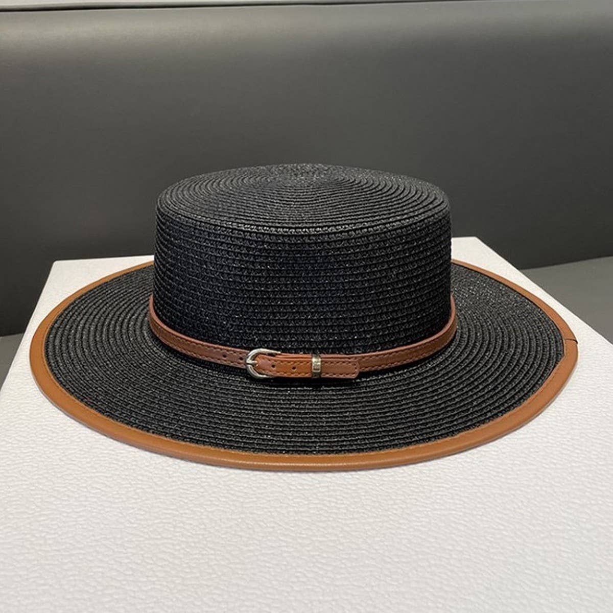 BRITISH STYLE FLAT TOP FASHIONABLE BELT STRAW HAT_CWAH1156