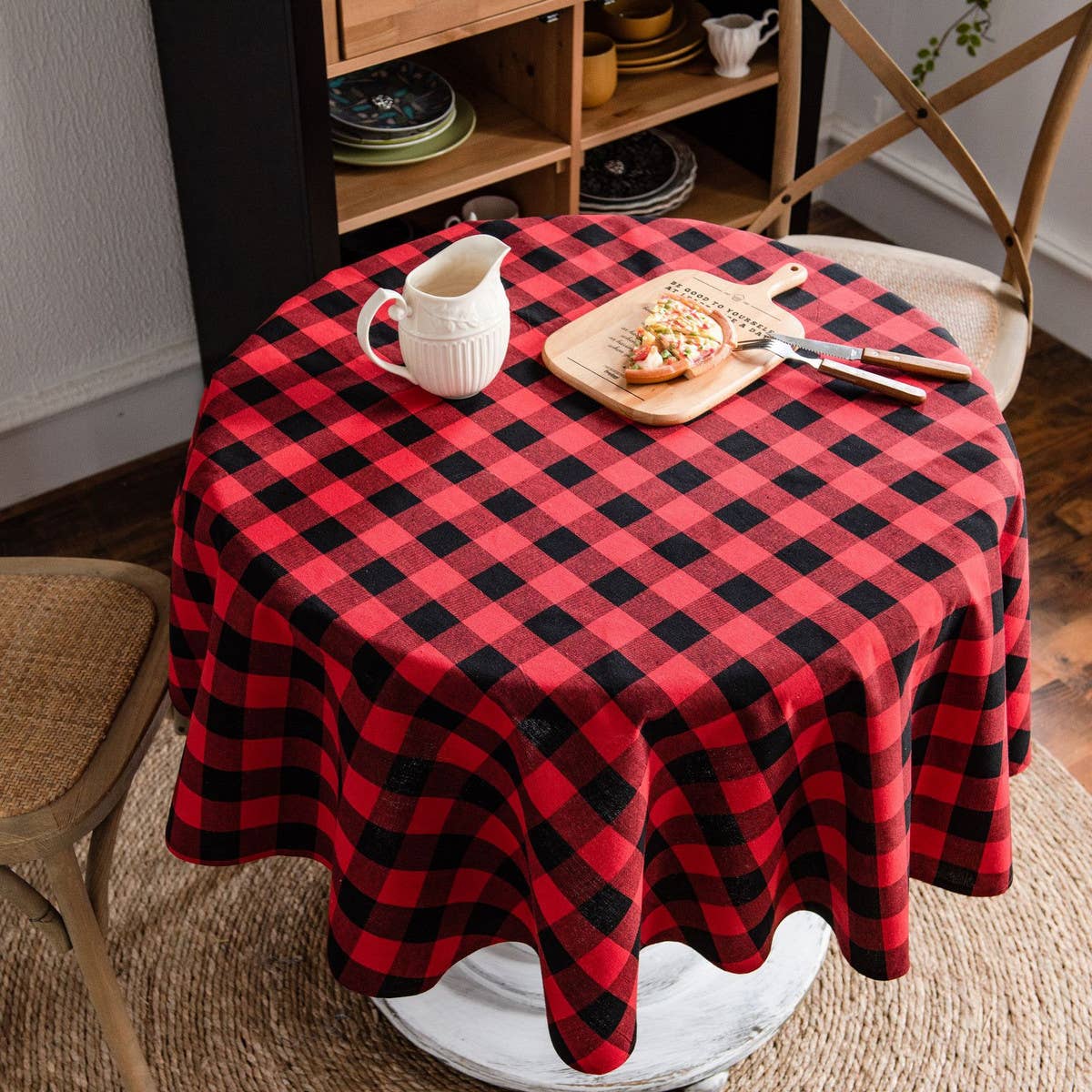ROUND COTTON AND LINEN PLAID TABLECLOTH