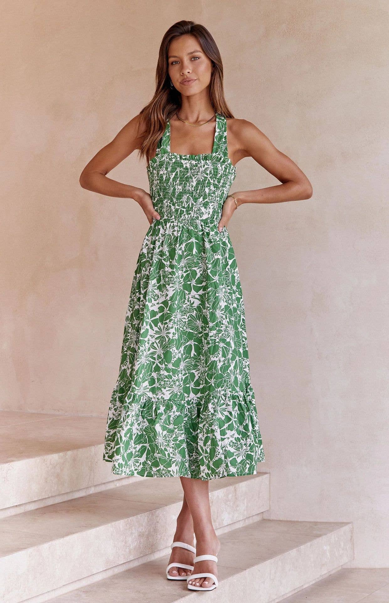 Floral spaghetti-strap backless dress