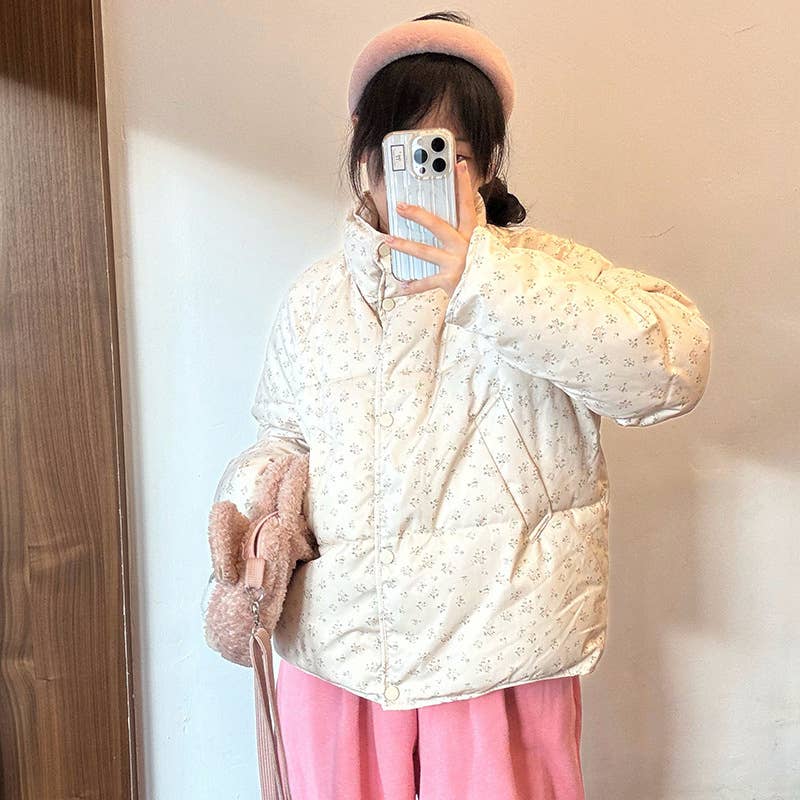Floral short stand-up collar padded jacket