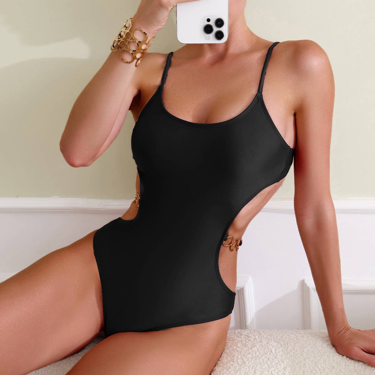 SLIM FIT OPEN BACK METAL RING ONE PIECE SWIMSUIT_CWMW0301