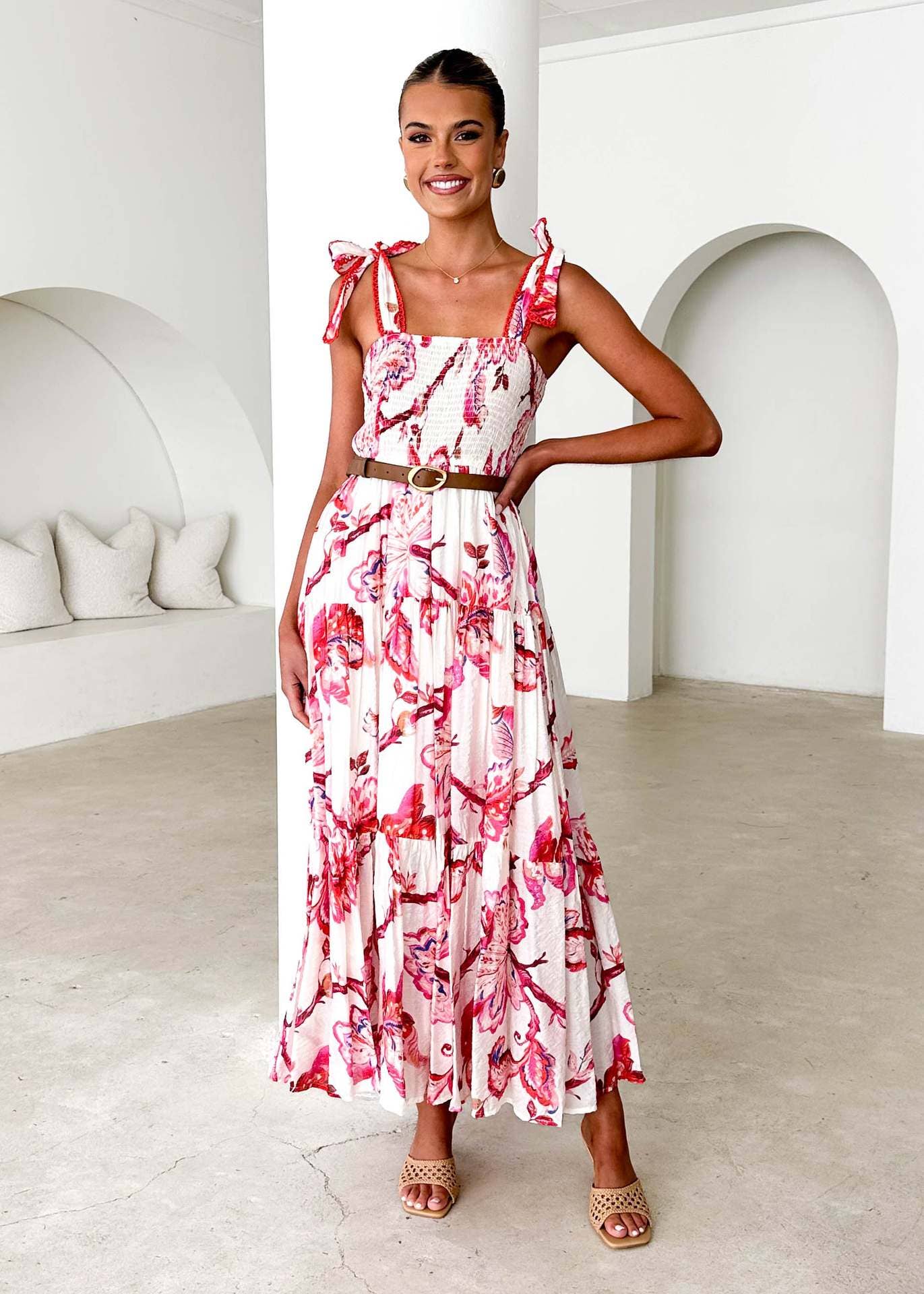 Floral print tie-back waist ruffled hem dress