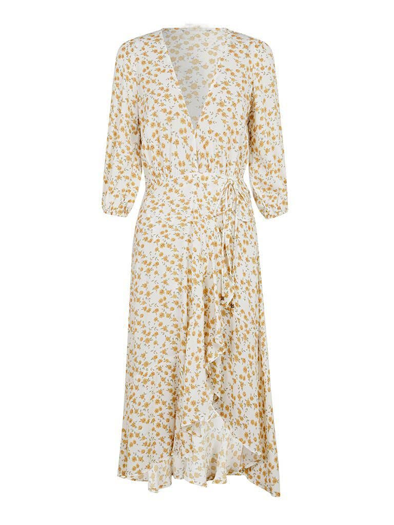 FLORAL PRINT WAISTBAND LONG SLEEVE FISHTAIL DRESS