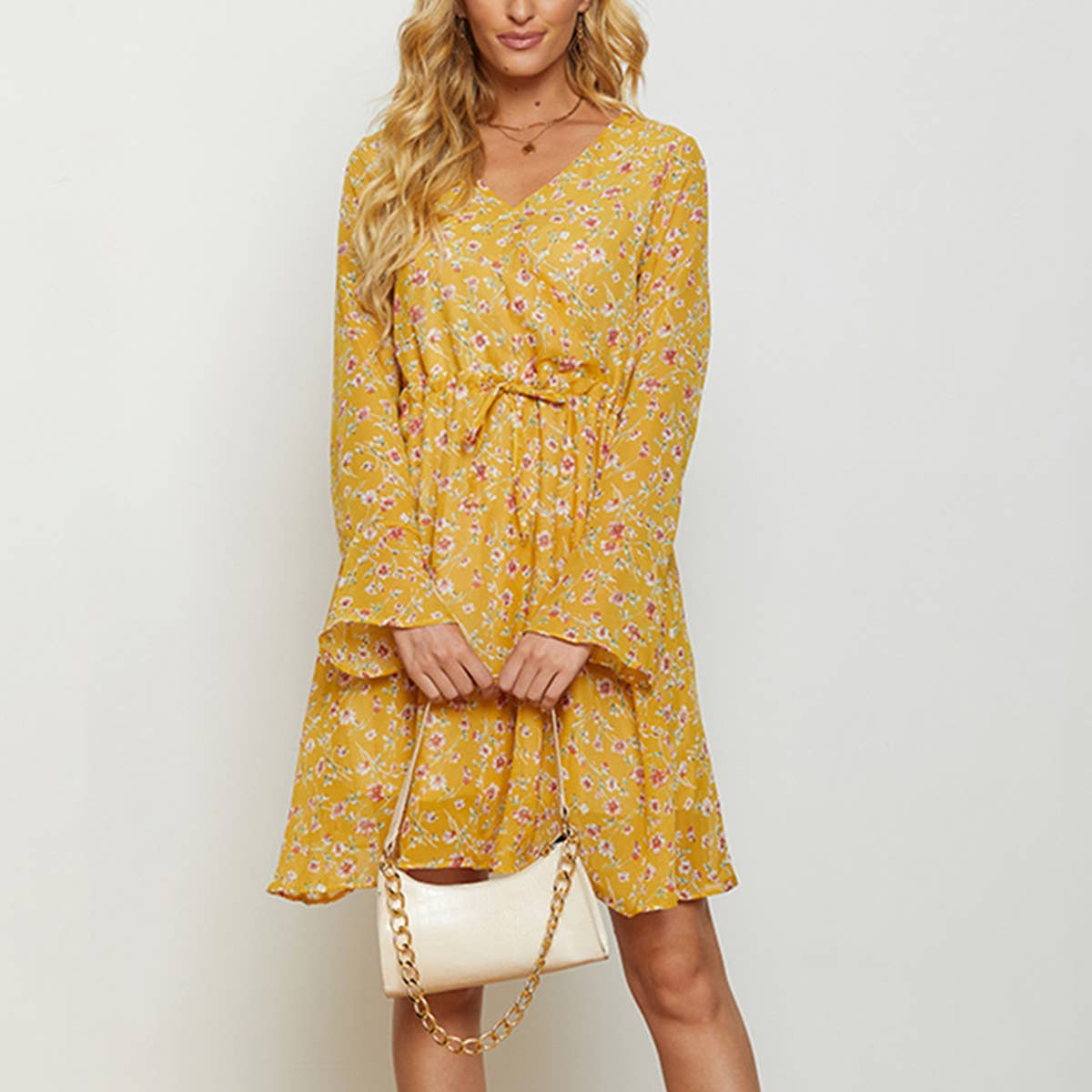 FLORAL LONG-SLEEVED V-NECK BOHO DRESS