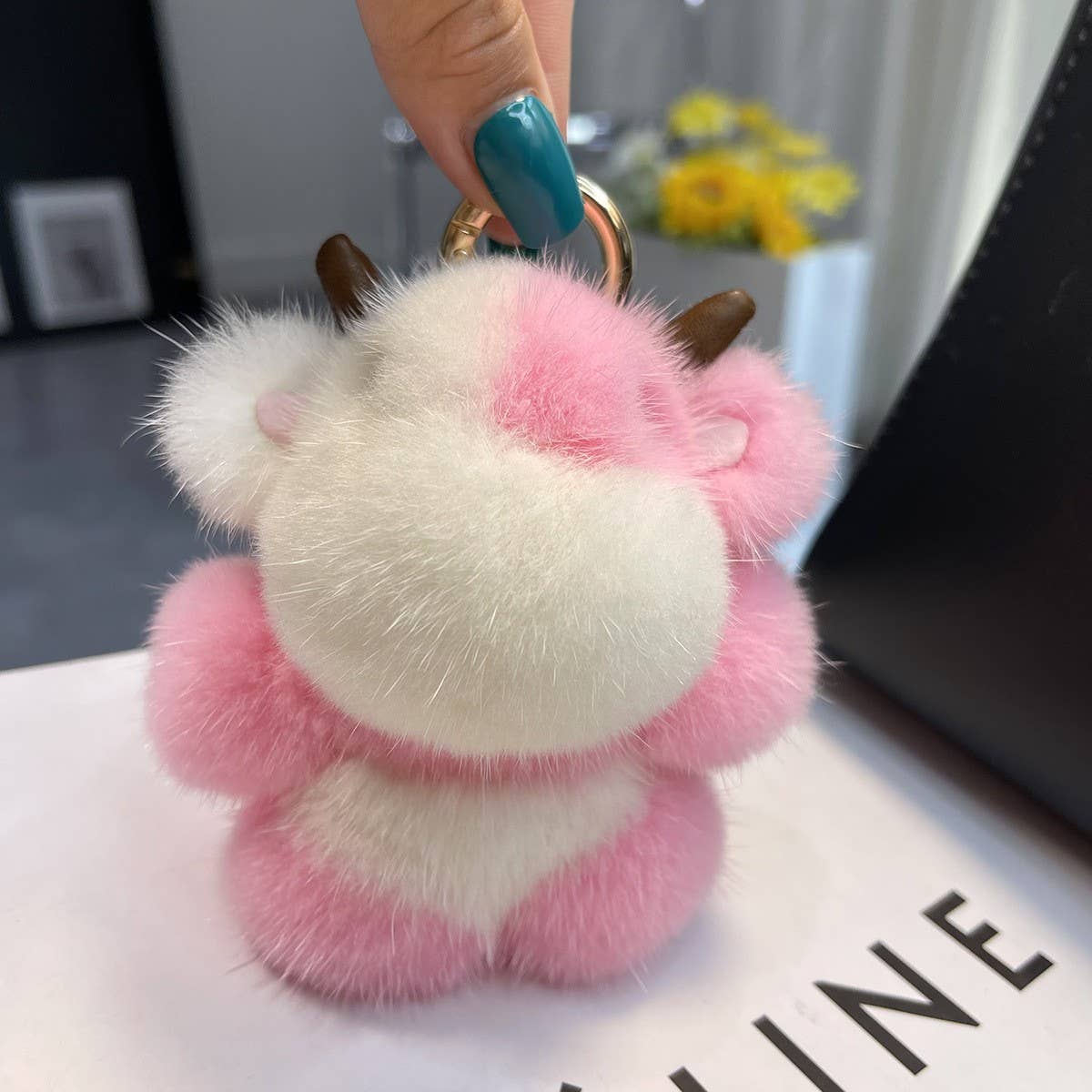 CUTE CALF MINK FUR COW CAR KEYCHAIN PENDANT GIFT