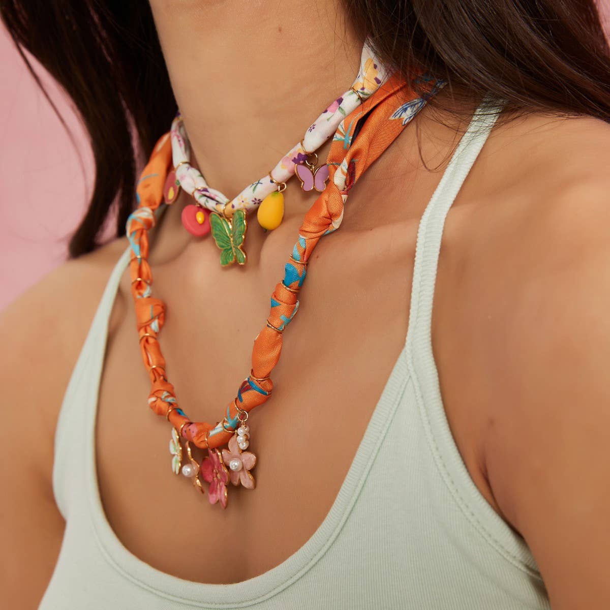 Silk Scarf Necklace with Butterfly Pendant
