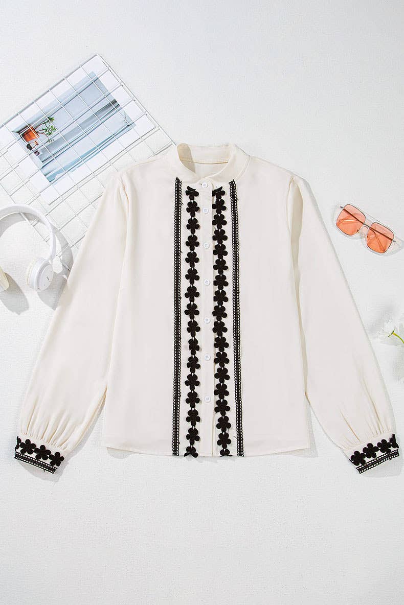 FLORAL EMBROIDERY SINGLE-ROW BUTTON-DOWN SHIRT