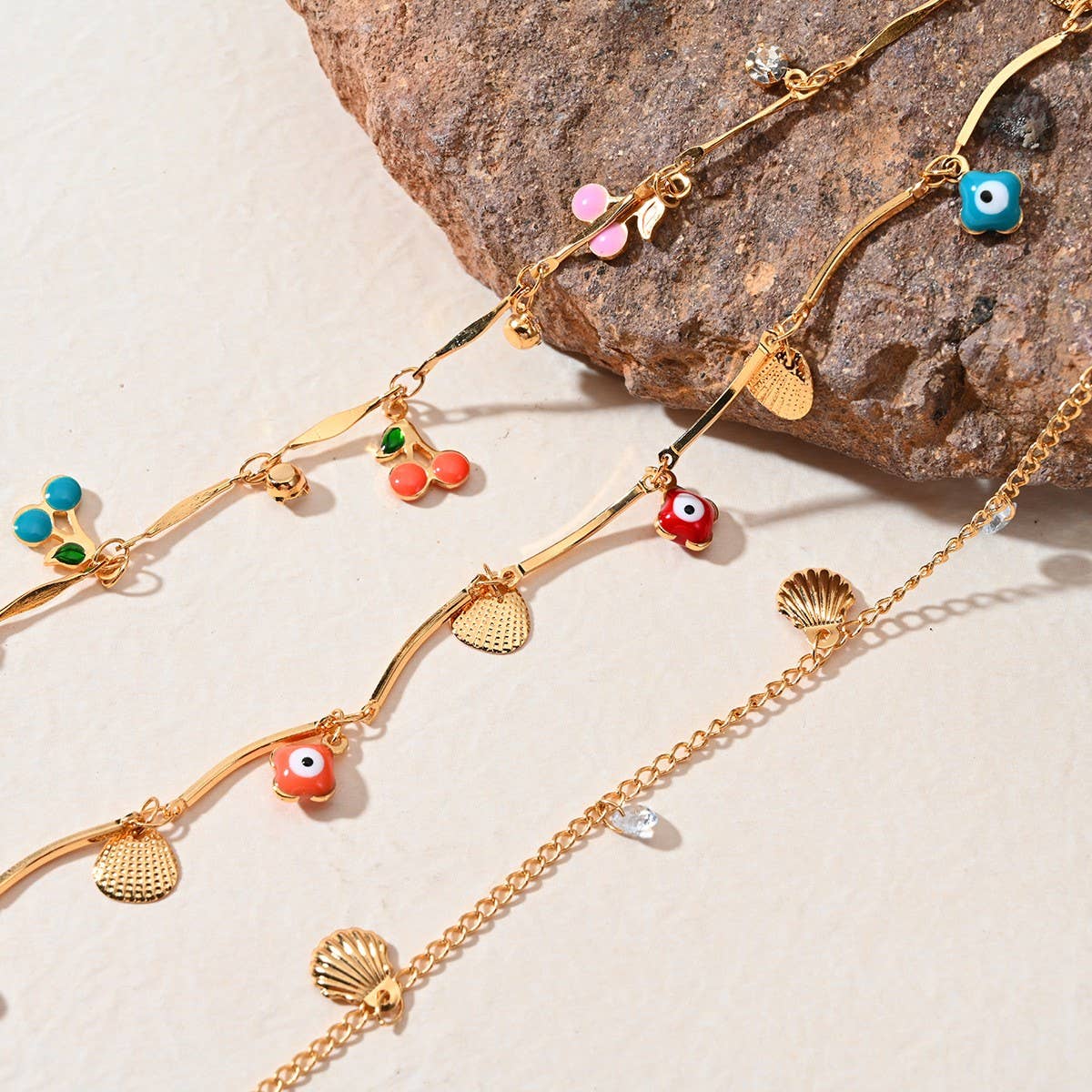 Beach Anklet with Cherry, Shell & Star Charms_CWAJE4609