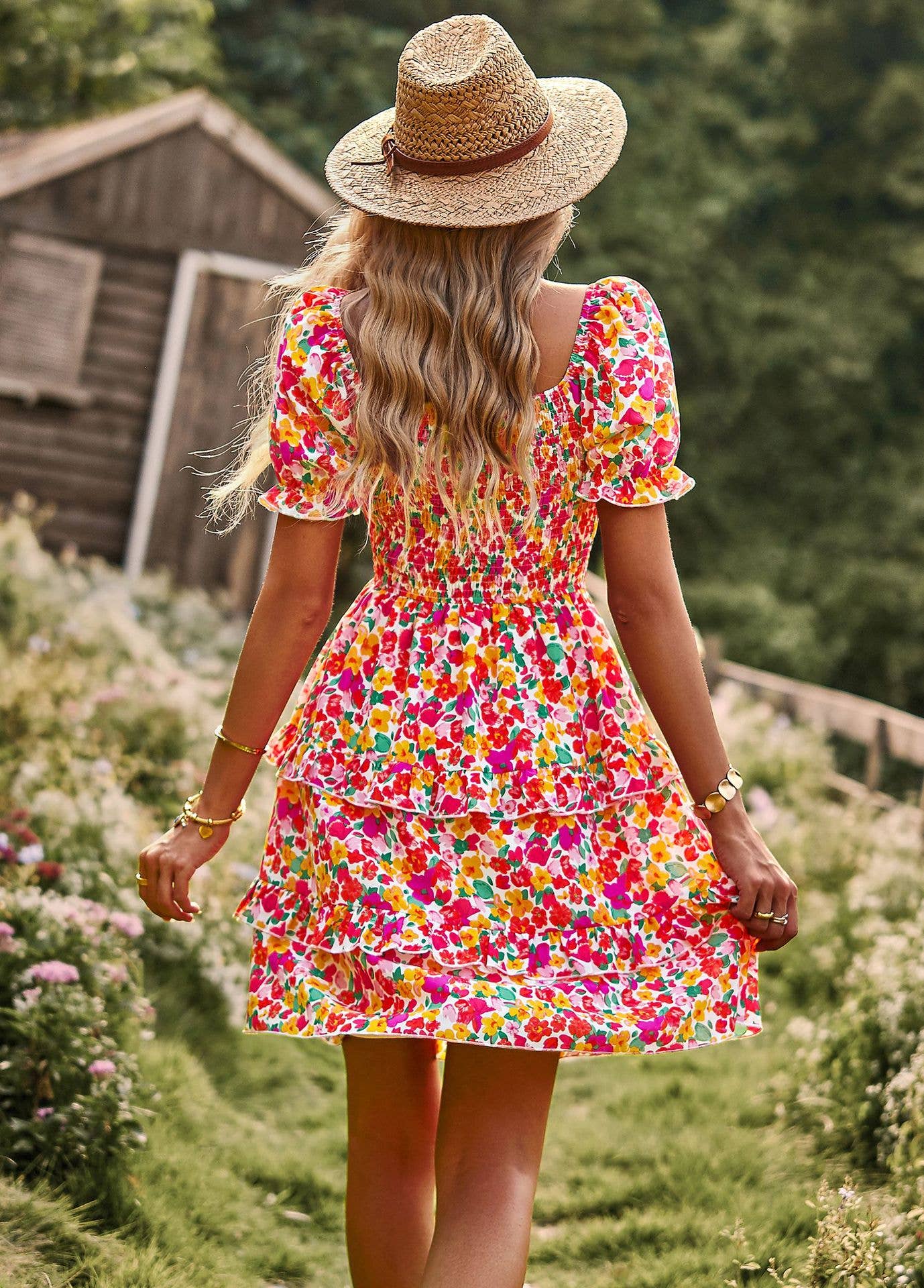 FLORAL SHORT SLEEVE CAKE DRESS