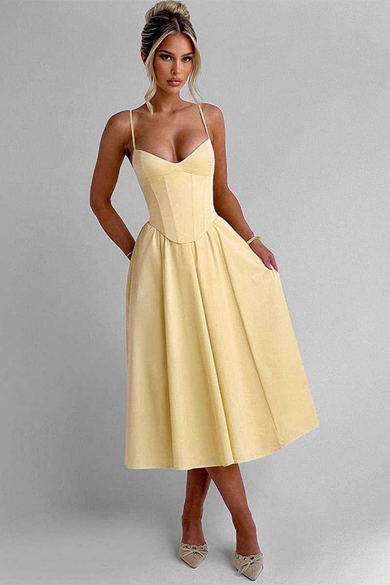 CWDMD5068_SPRING V-NECK SOLID COLOR WAIST SUSPENDER DRESS