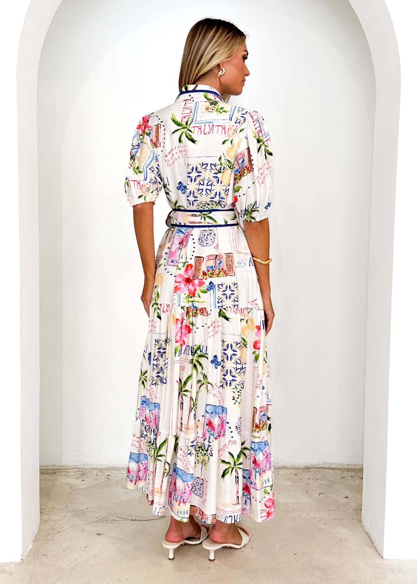 Floral printed lace-up short-sleeved dress