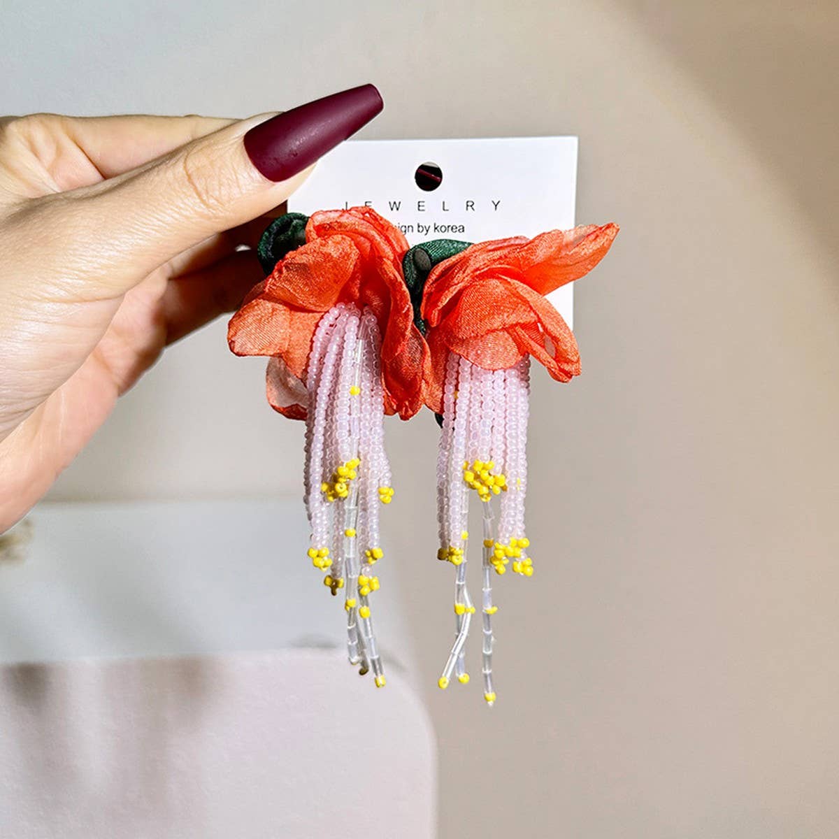 Handmade Floral Tassel Earrings Long Statement