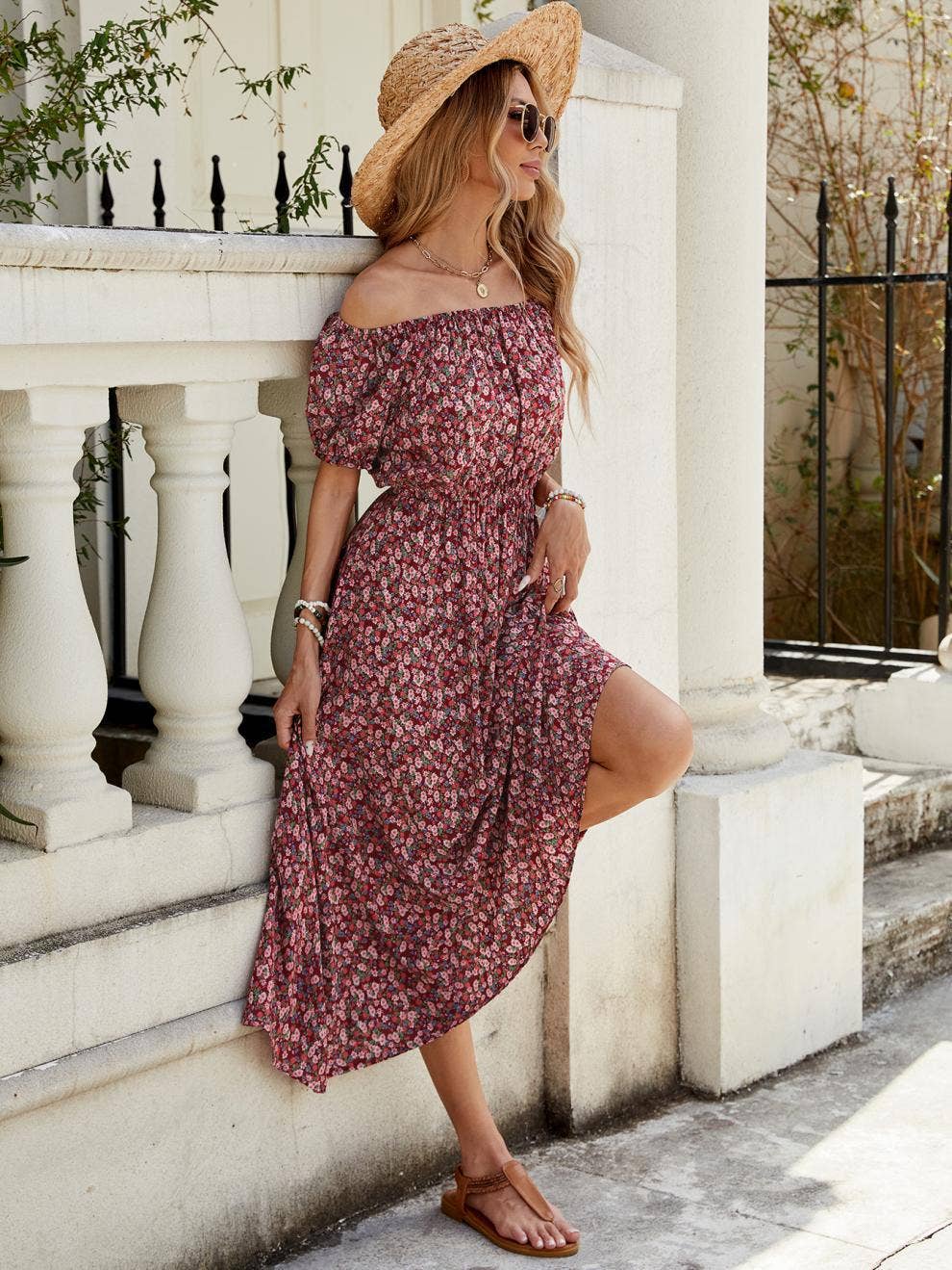 Floral one-line shoulder short sleeve long dress