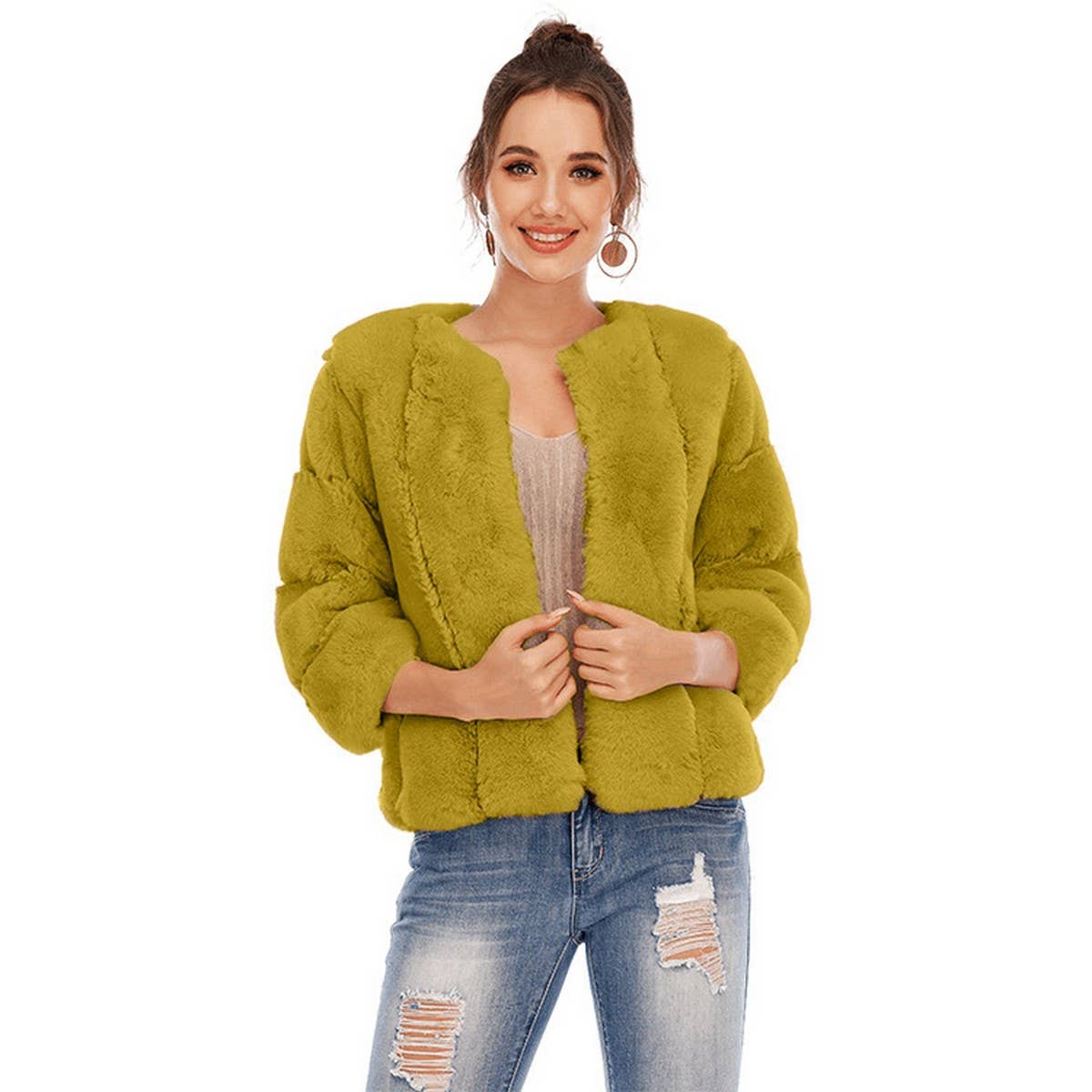Fashion Faux Fur Round Collar Crop Coat Women_CWMM9065