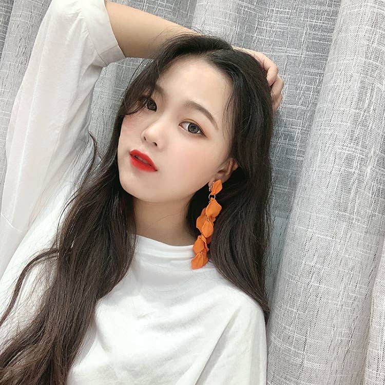 S925 Silver needle sexy rose petal long earrings