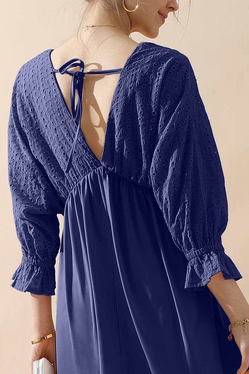 CWDMD795_3/4 SLEEVE V NECK LONG DRESS