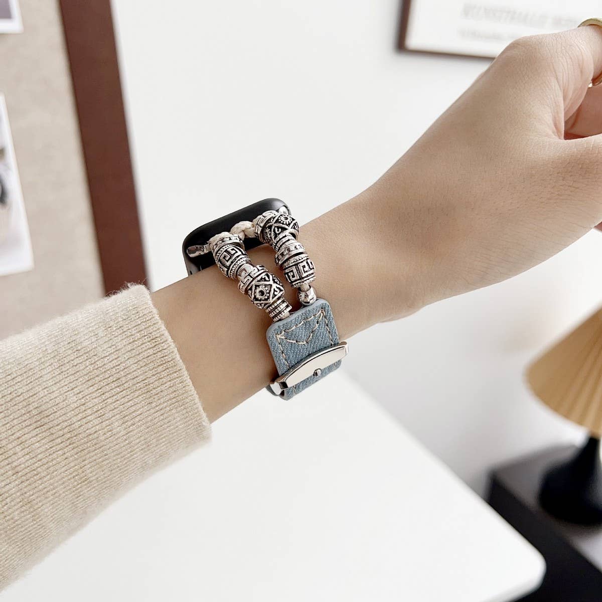 IWATCH9-1 TIBETAN SILVER DENIM LEATHER STRAP