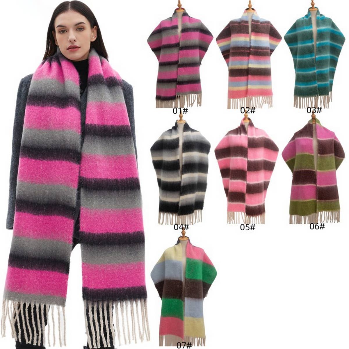 Chunky Fringe Stripe Scarf ? Winter Yarn Wrap