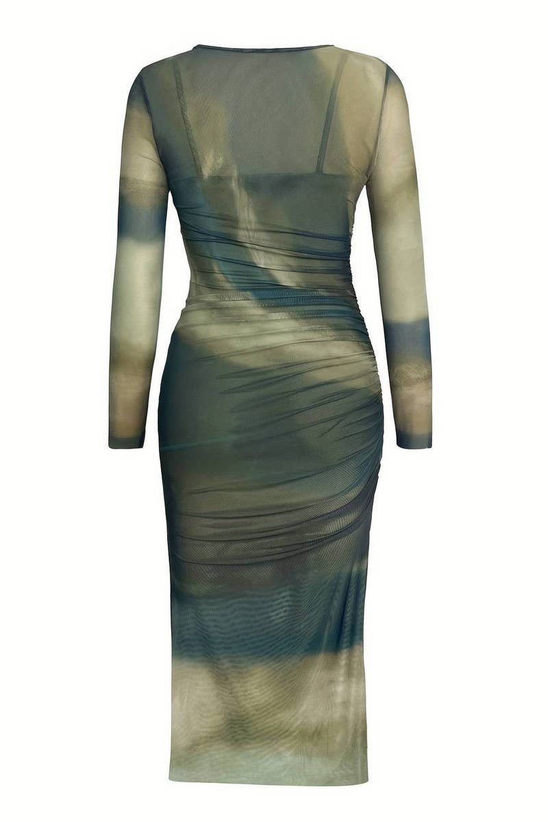 CWDMD5029_LONG SLEEVE FLORAL MESH SEXY TWO-PIECE DRESS