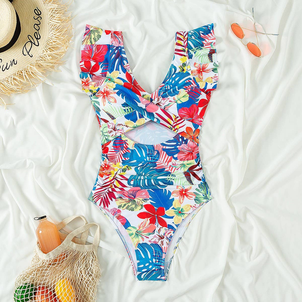 RUFFLED SMALL FLYING SLEEVE TUMMY CONTROL SWIMSUIT