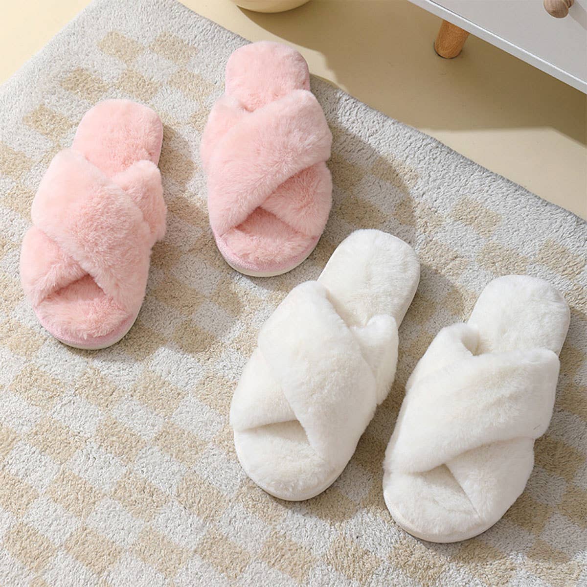 Cross style Faux rabbit fur slippers For Women