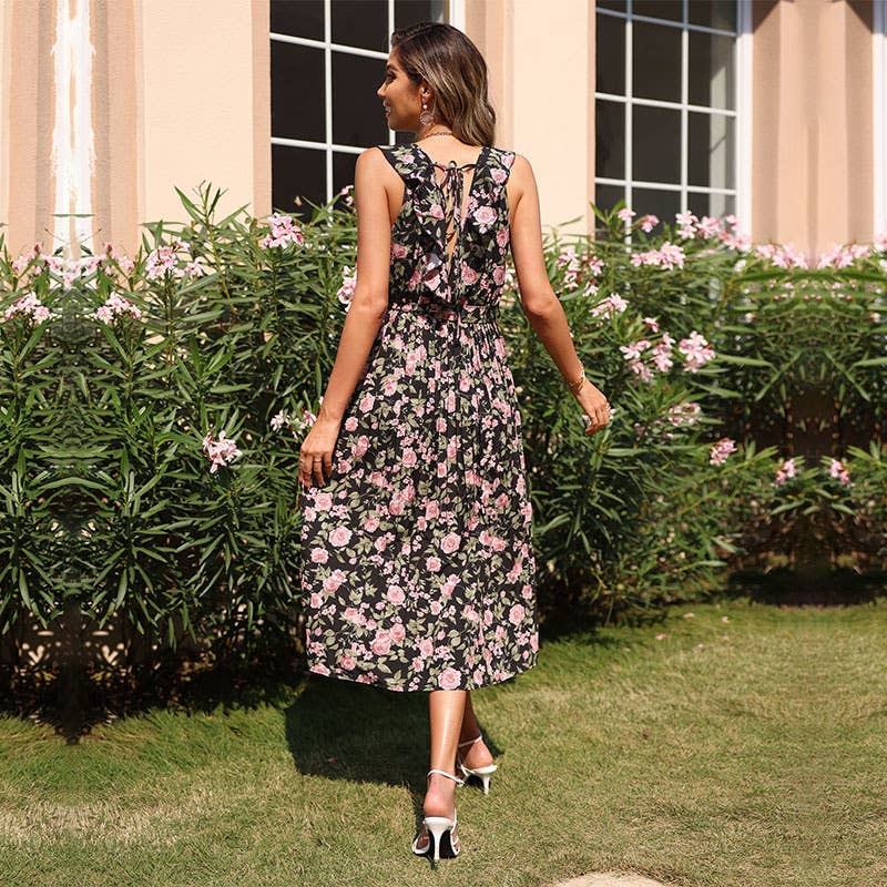 FLORAL PRINT LONG SLEEVELESS DRESS WITH RUFFLES
