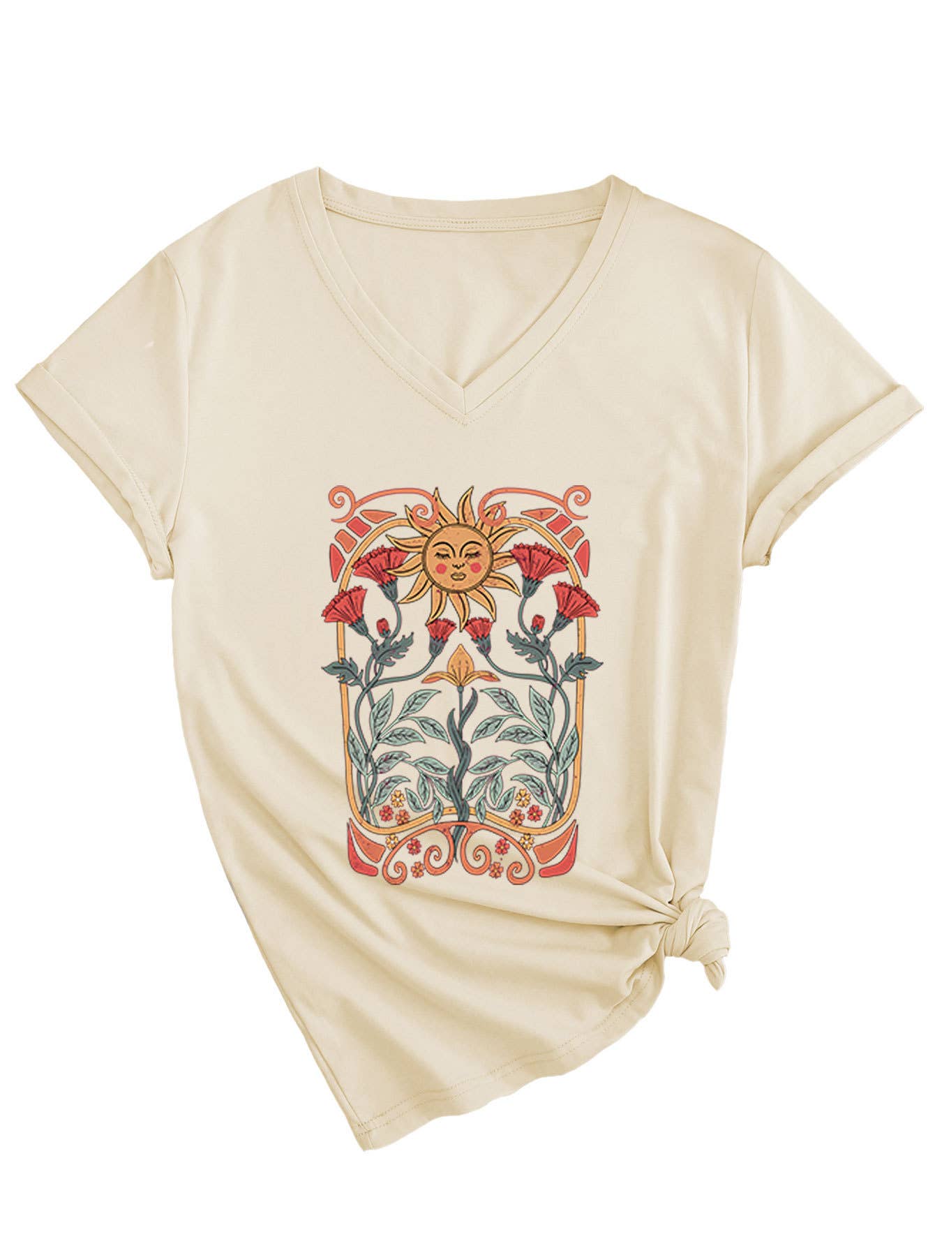 Floral sun print V-neck short-sleeved T-shirt