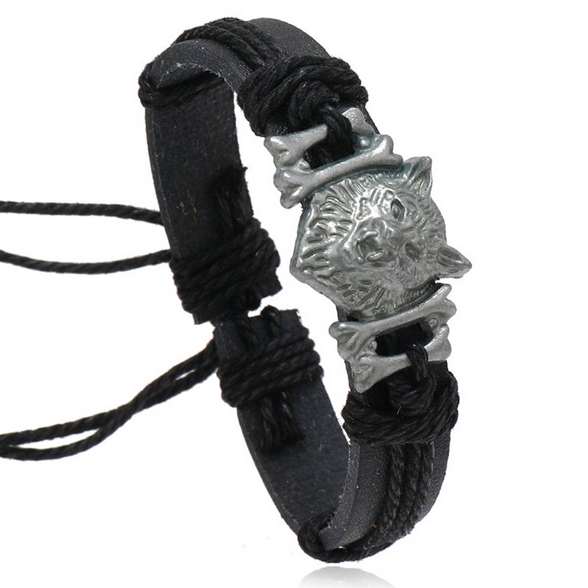 VINTAGE BRAIDED WOLF HEAD LEATHER BRACELET
