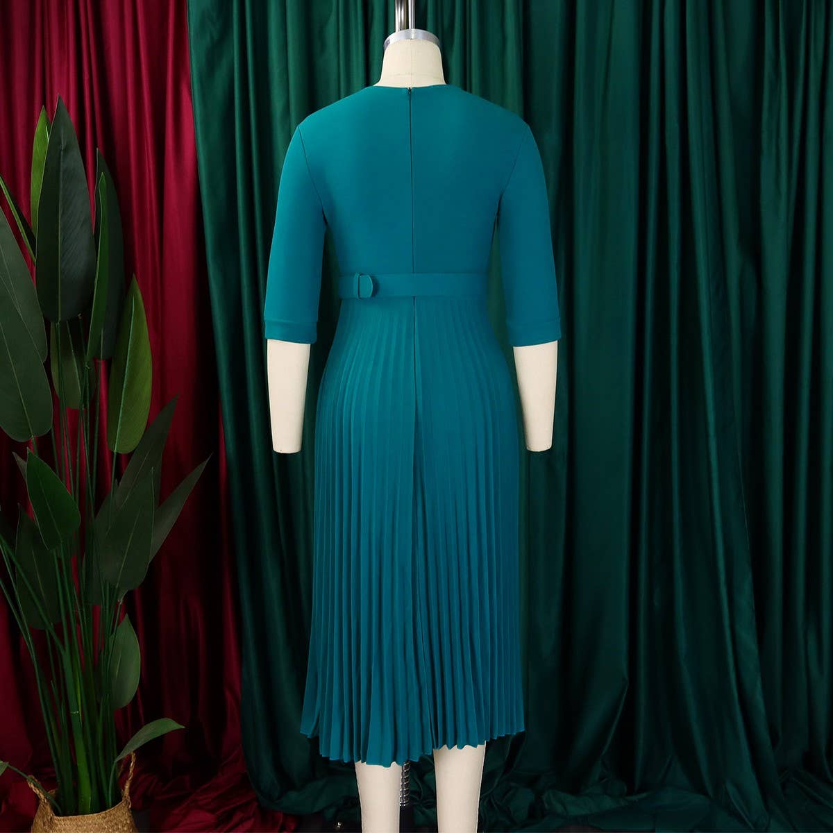 FASHION SUIT COLLAR PLEATED WAIST PLUS SIZE DRESS_CWDMD3653