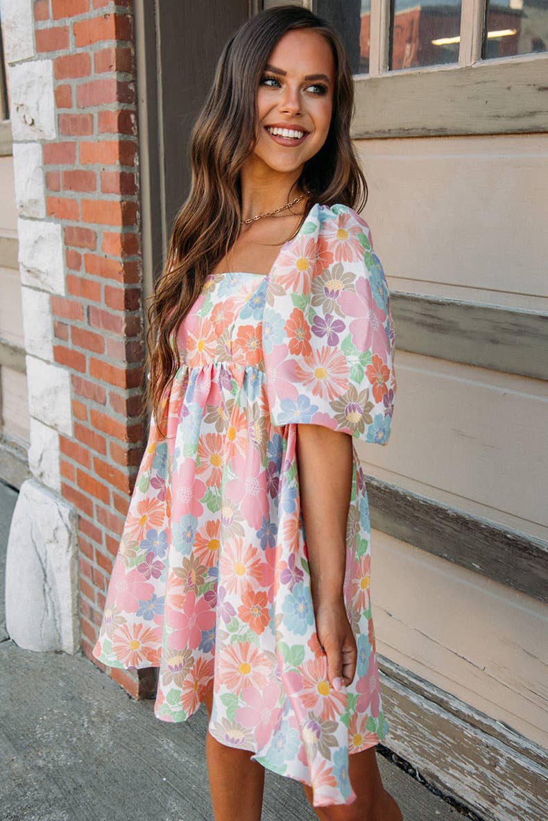 Floral printed backless short-sleeved dress