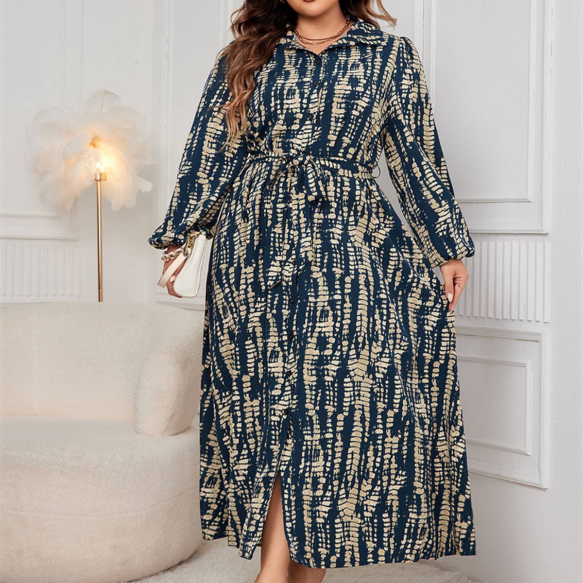 Plus Size Printed Dress ??Polo Collar Long Sleeve_CWDMD5969