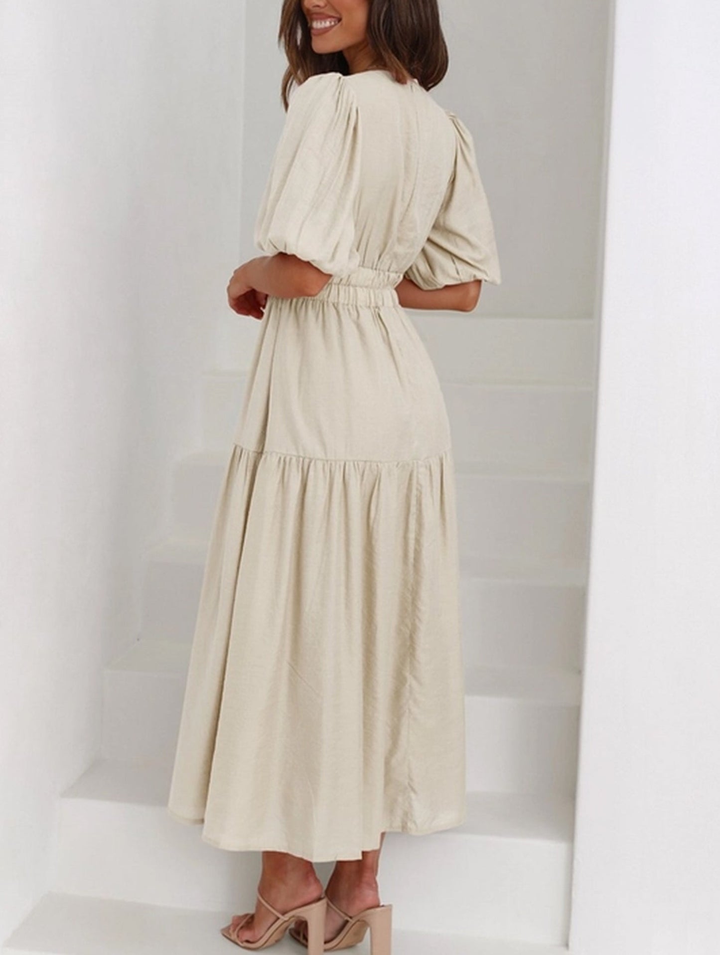 Solid Color Dark V Lantern Sleeve Dress