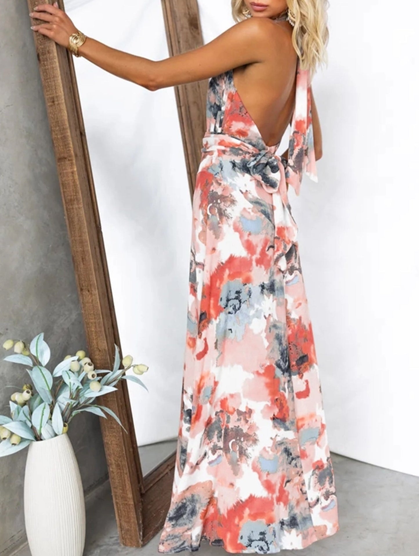 Printed Lace-Up V-Neck A-Line Dress ??Flowy Waist-Defining Midi Dress for All Seasons