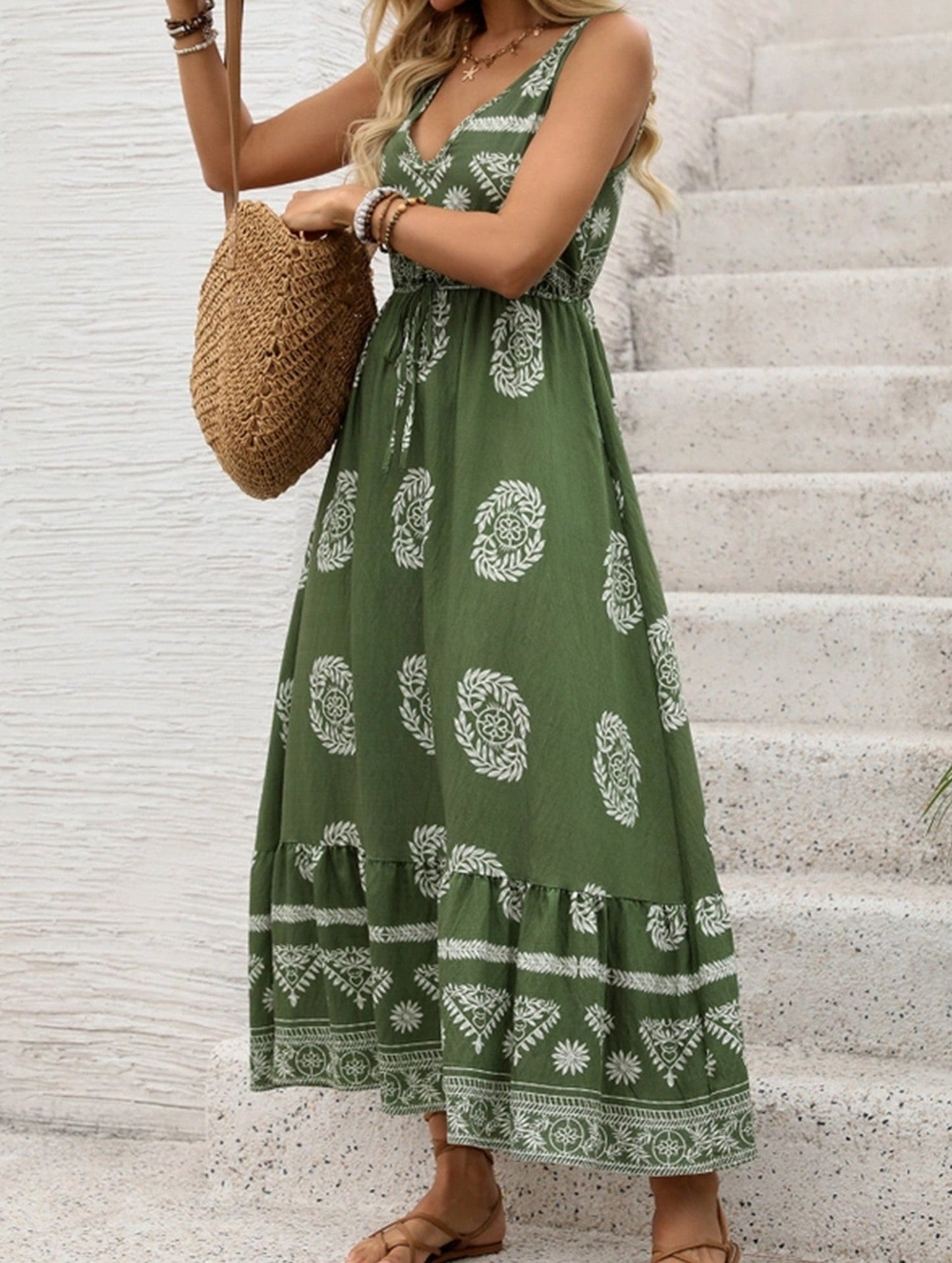 BOHO V-NECK HIGH WAIST VACATION PRINT DRESS