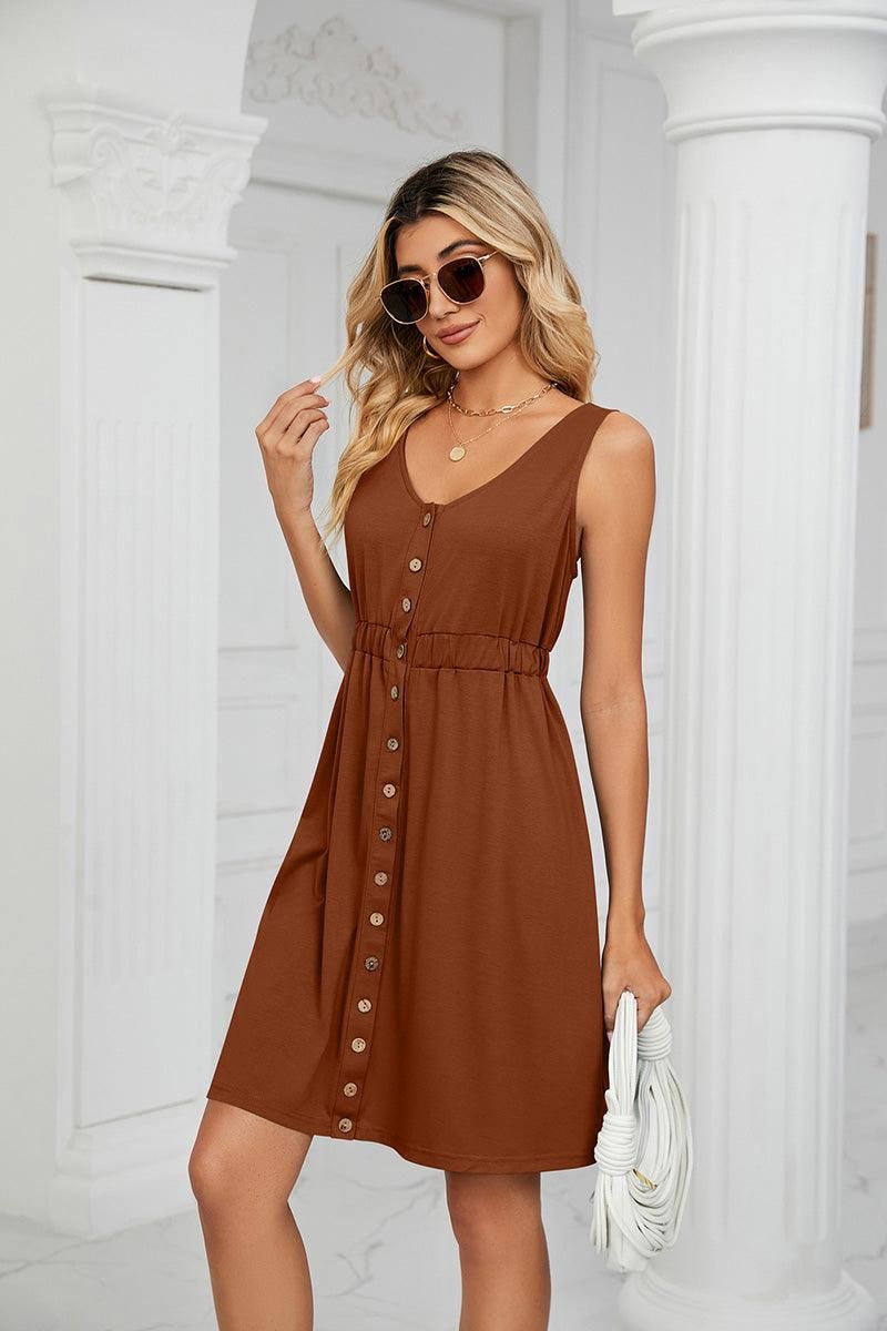 SLEEVELESS BUTTON POCKET SLIM WAIST DRESS - Doublju