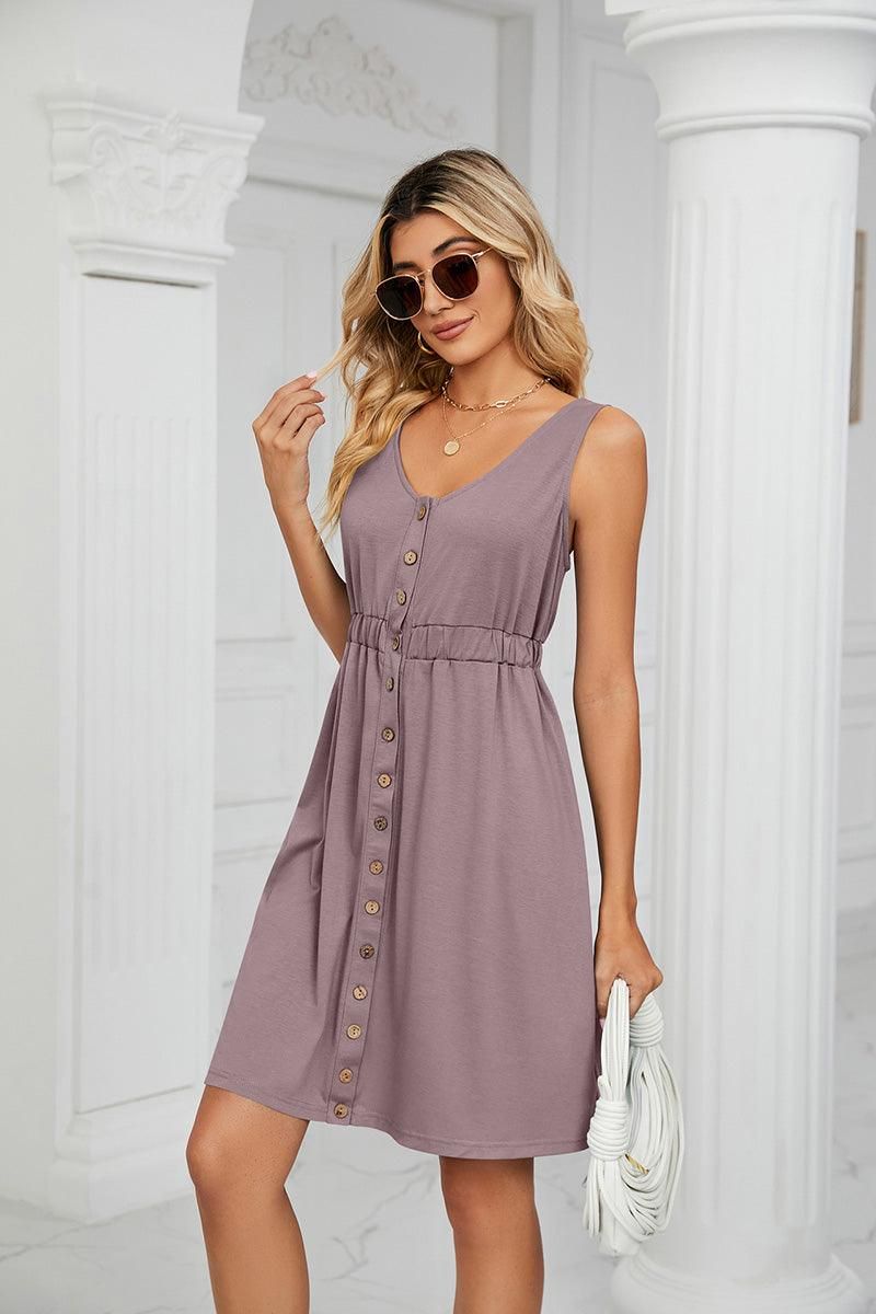 SLEEVELESS BUTTON POCKET SLIM WAIST DRESS - Doublju