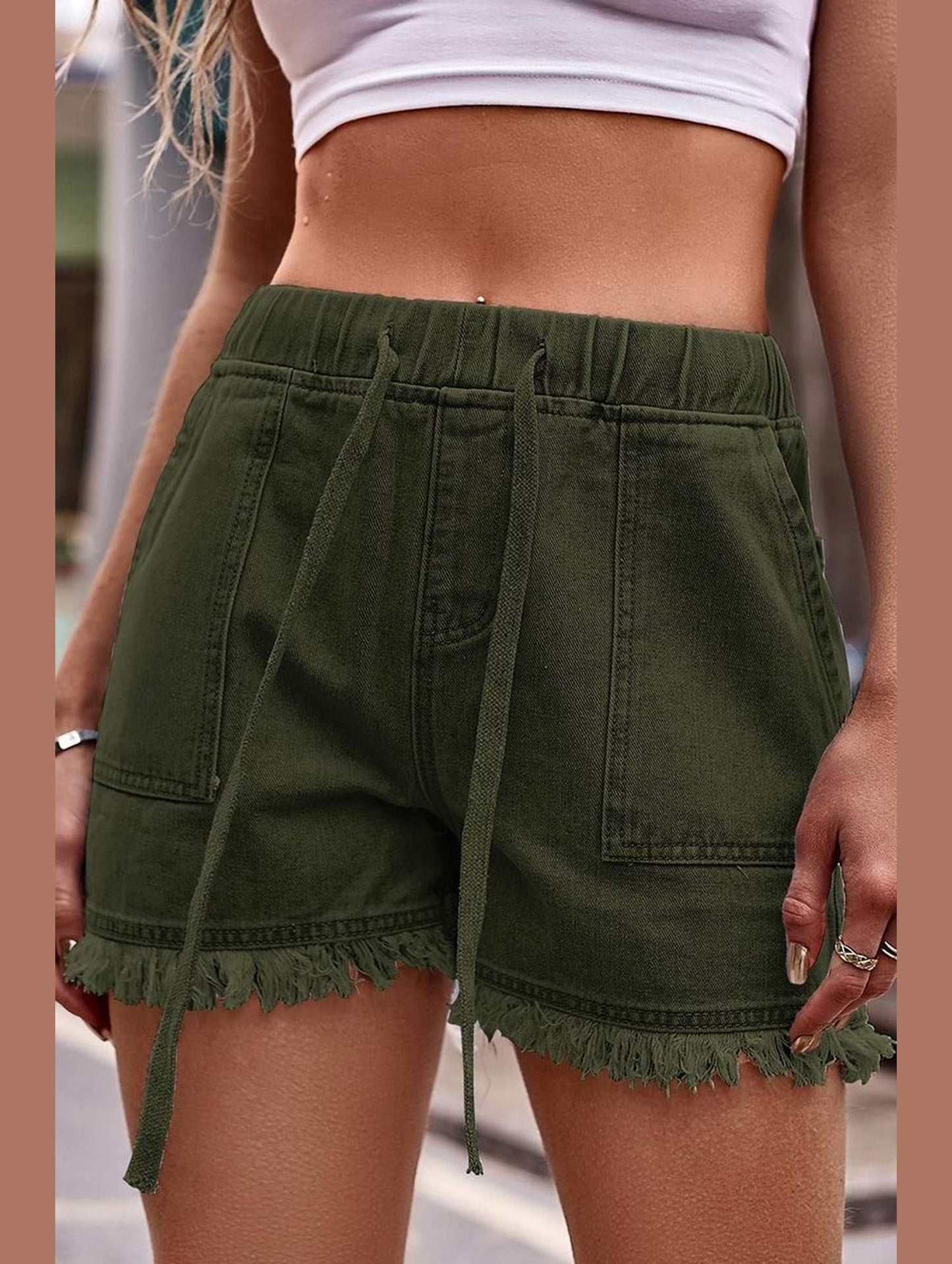 ELASTIC WAIST CASUAL DENIM SHORTS - Doublju