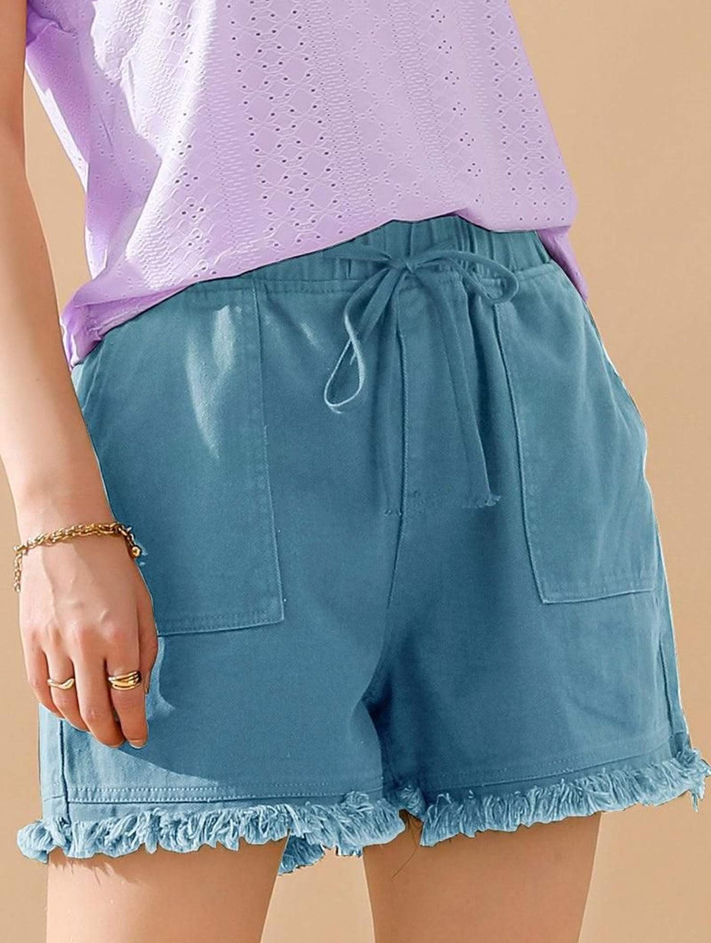 ELASTIC WAIST CASUAL DENIM SHORTS - Doublju