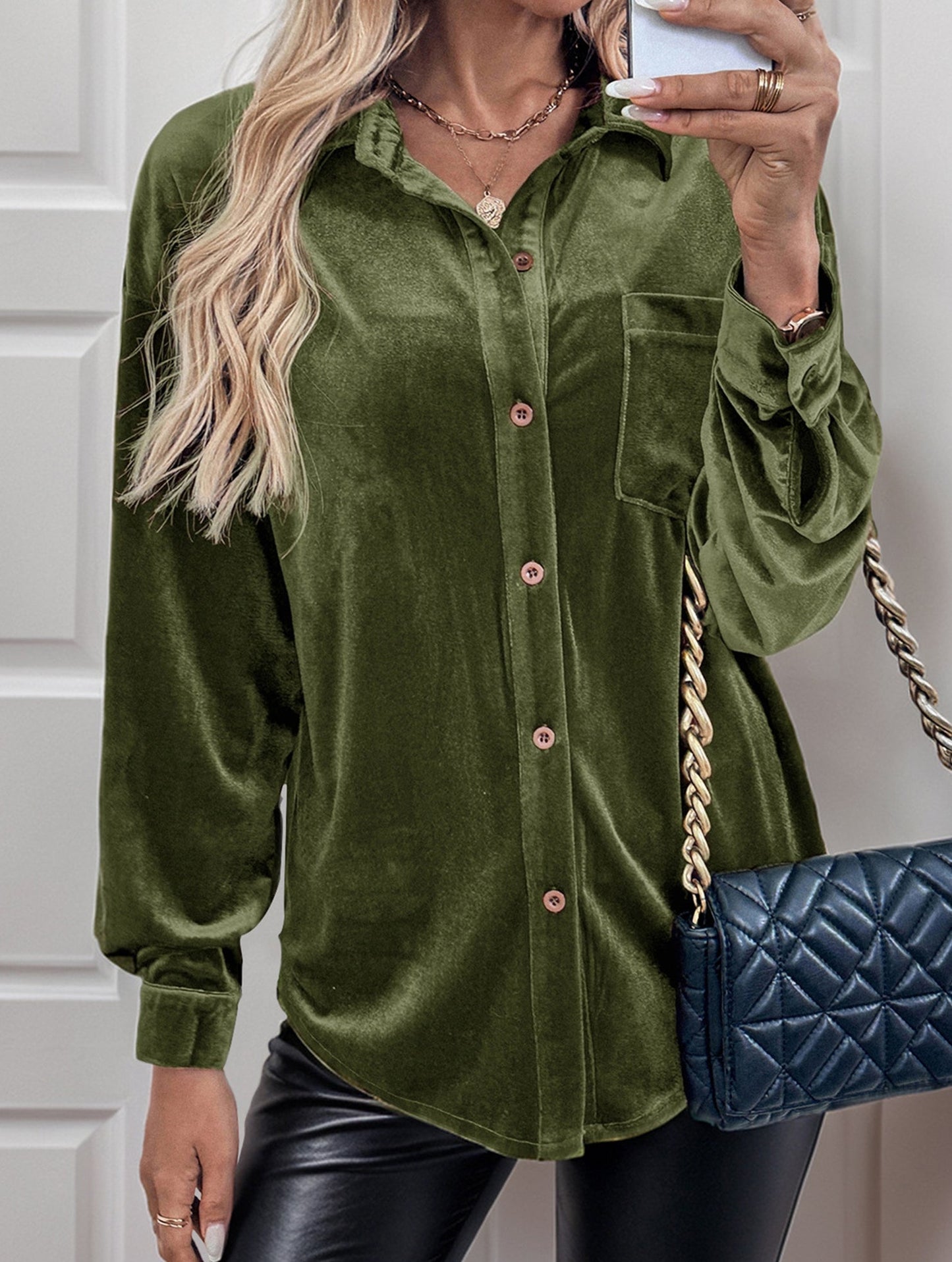 Solid color lapel lantern sleeve shirt