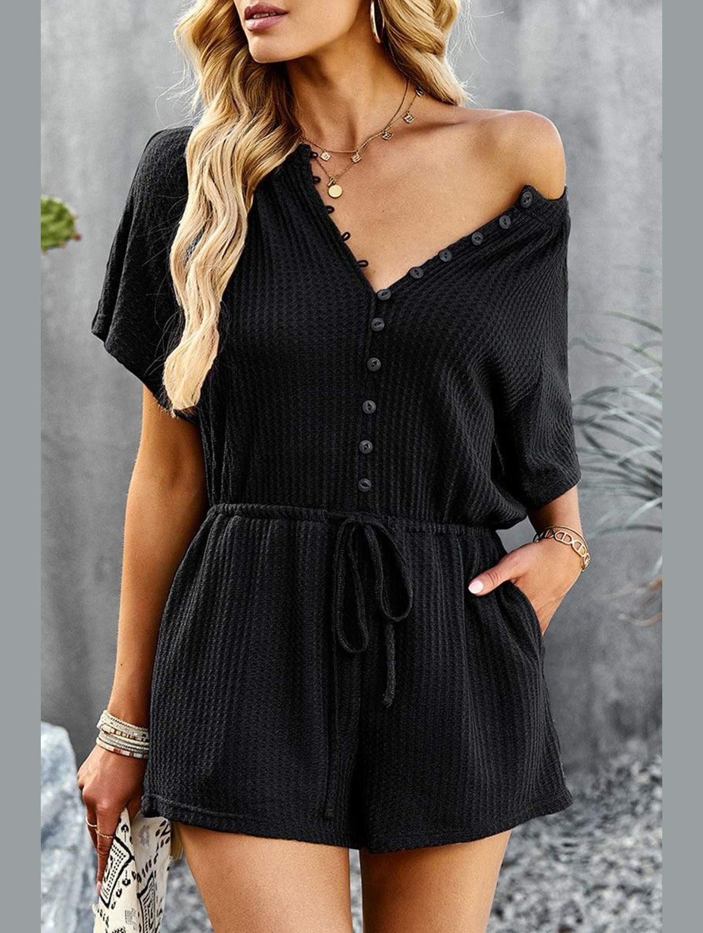 BUTTON UP TIED WAIST ROMPER - Doublju