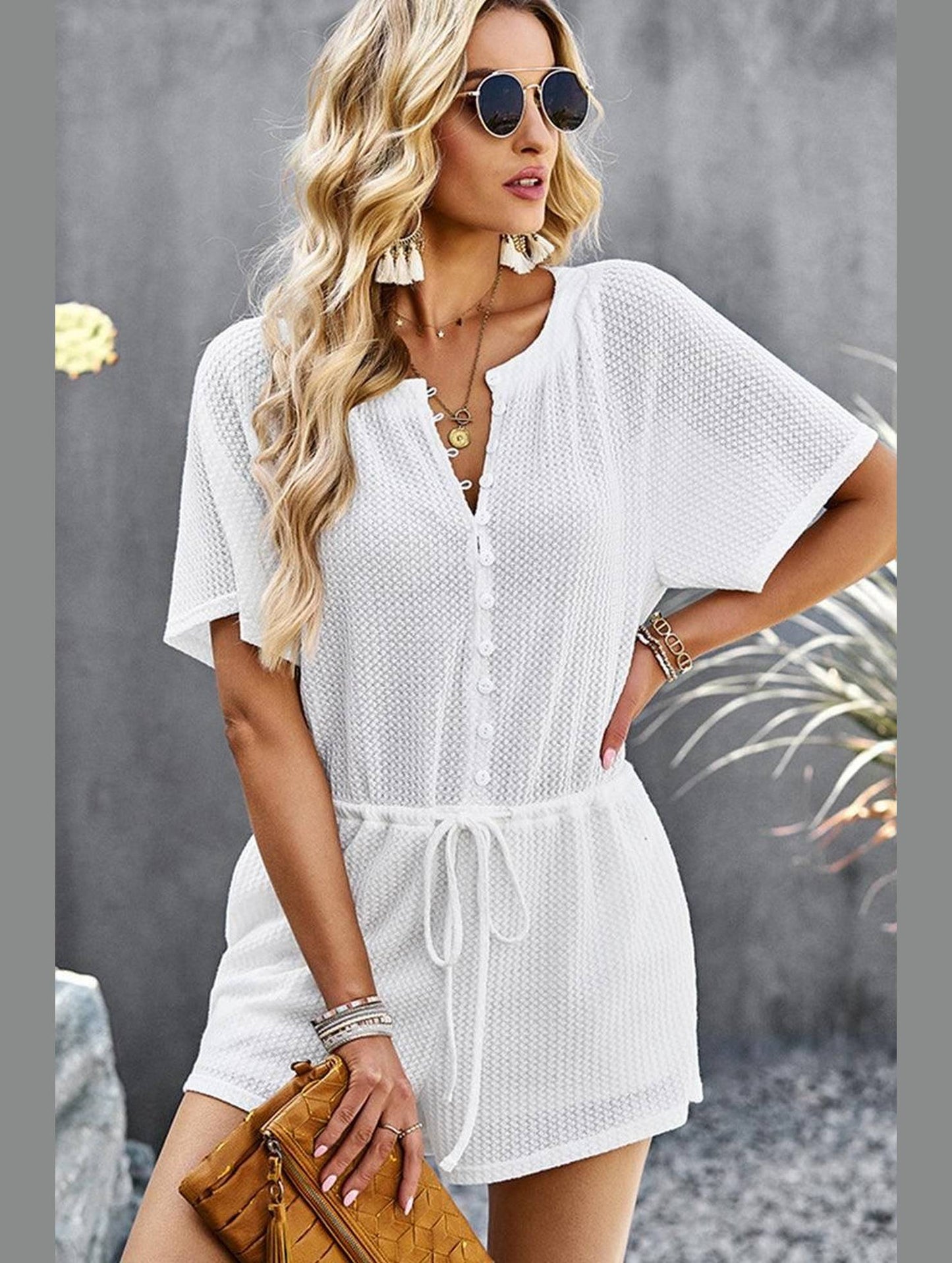 BUTTON UP TIED WAIST ROMPER - Doublju