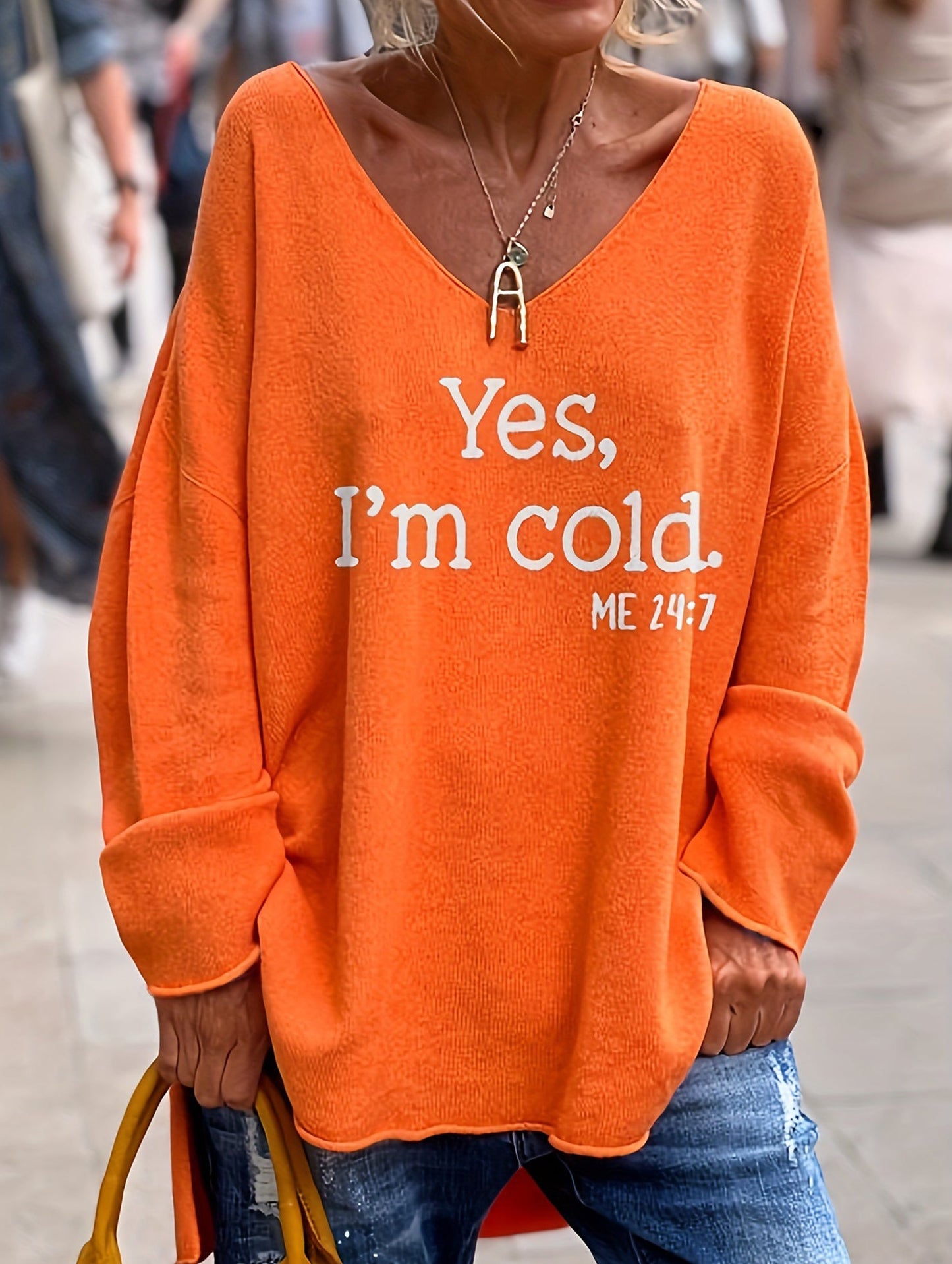 Loose solid color letter print V-neck sweater