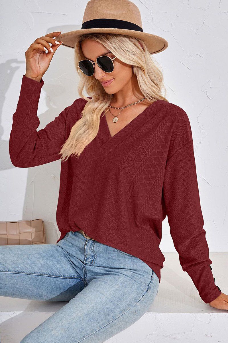 WOMEN V NECK BUTTONED CUFF LOOSE FIT BLOUSE
