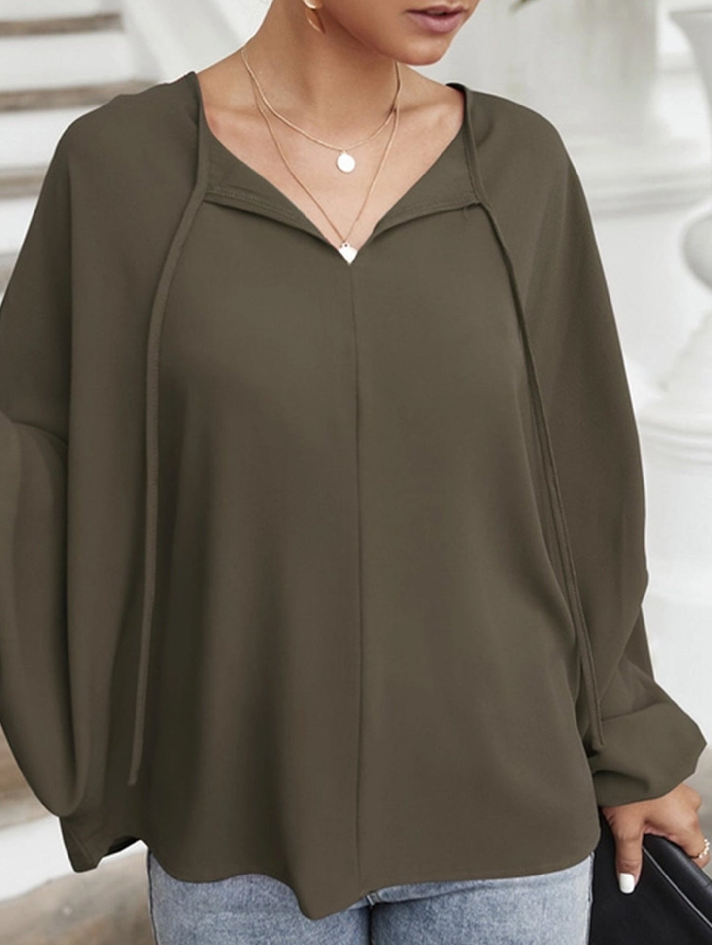 Short V-Neck Lace-Up Casual Top for Women
